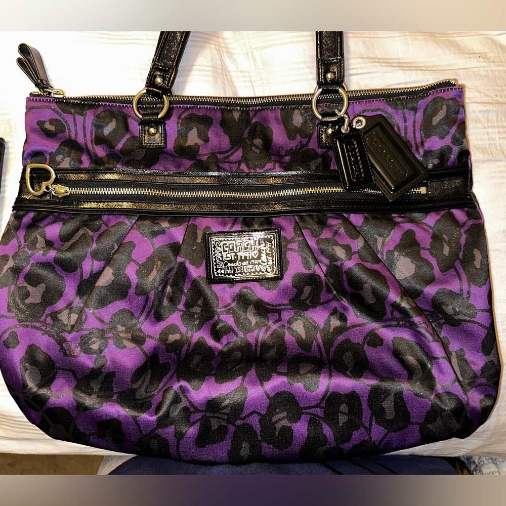 Coach Poppy Daisy signature ocelot purple purse with matching wallet